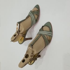 Kenzie Dazzling Blue Green Canvas Upper w/Gold White Trim T-strap Slingback